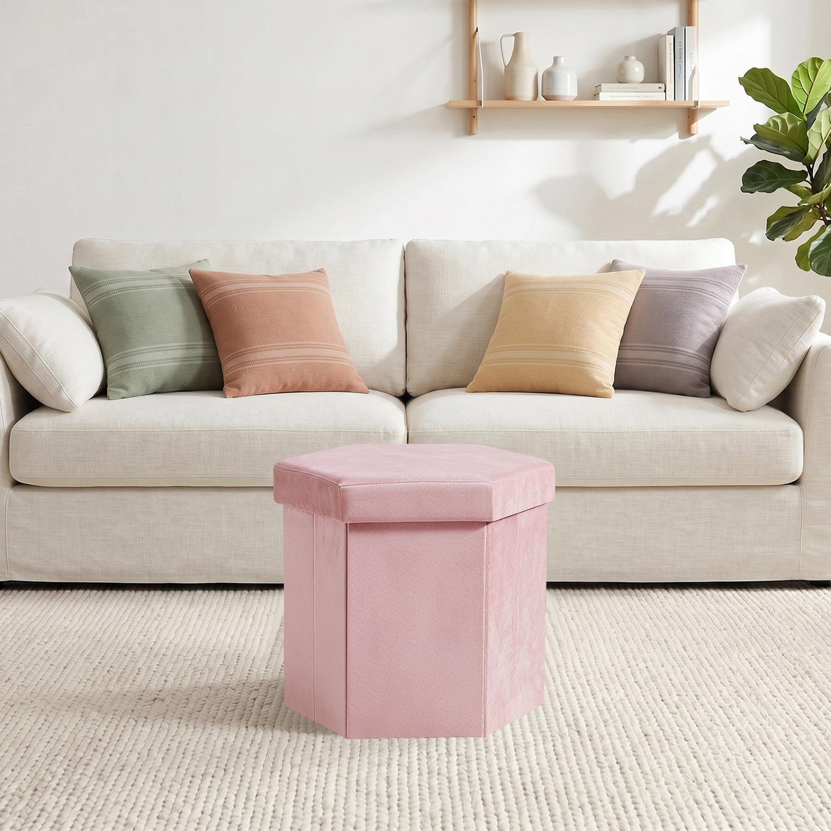 PINPLUS Hexagonal Storage Ottoman, Velvet Foldable Footstool, Pink