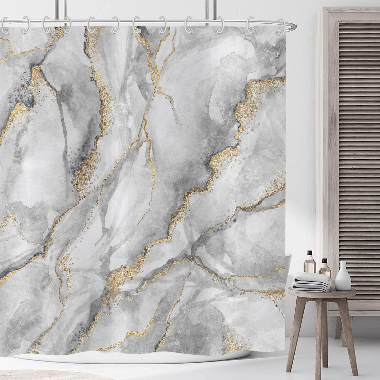 ASDCXZ Marble Shower Curtain 150x180 cm, Modern Abstract Grey White Gold Marble Optic Texture Colorful Washable Shower Curtains Polyester Textile