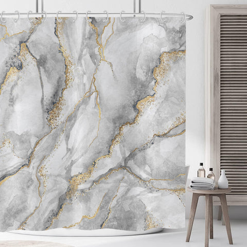 ASDCXZ Marble Shower Curtain 150x180 cm, Modern Abstract Grey White Gold Marble Optic Texture Colorful Washable Shower Curtains Polyester Textile