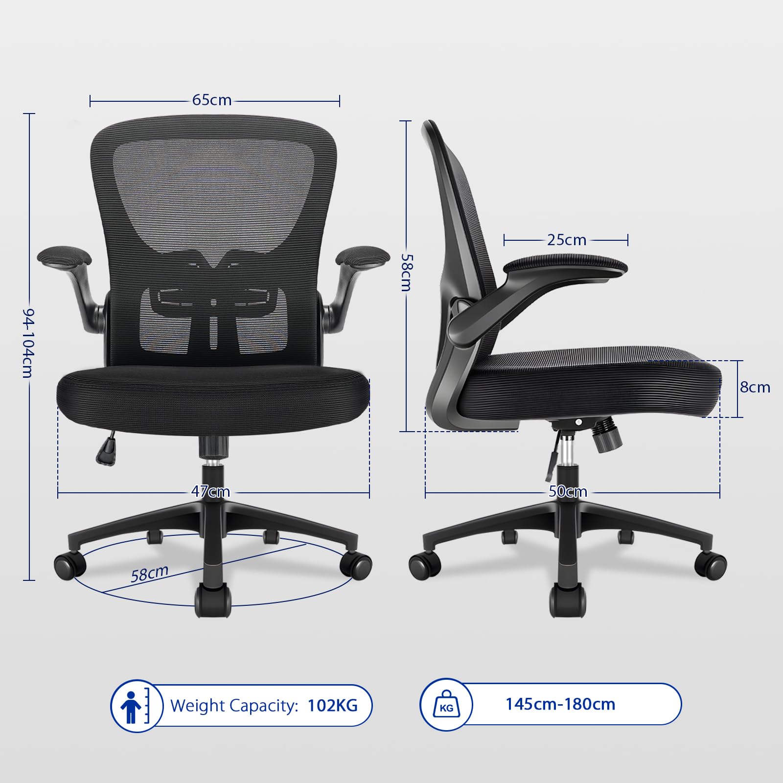 Durrafy Ergonomic Office Chair, Mesh Desk Chair with Adjustable Lumbar Support & Flip-Up Arms, Height Adjustable Swivel for Home Office