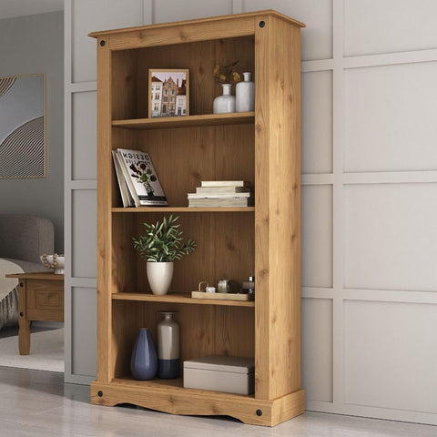 Mews Corona Bookcase Medium Solid Mexican Pine Wood with 3 Shelves - Rustic Farmhouse Style