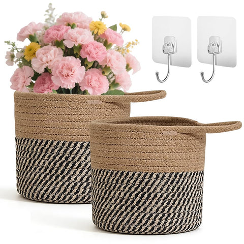 Pack of 2 Cotton Hanging Baskets, Organiser, Storage Basket, Wall Baskets with Handle, 15 x 15 cm, Storage Baskets for Kitchen, Bathroom, Bedroom