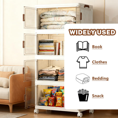Viyohoh Storage Boxes with Lid, 4-Tier Plastic Stackable Storage Boxes with 1 Lid 28L/Tier, Folding Collapsible Bins with Wheels