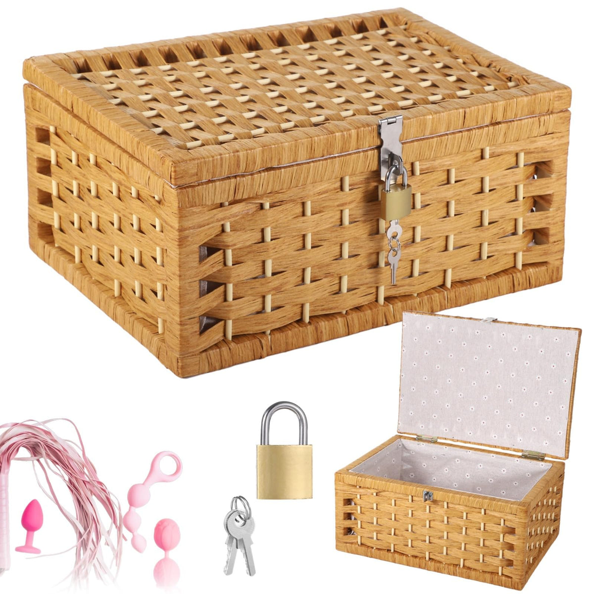 Wicker Basket with Lidt, Discreet Adult Toy Basket with Lid & Lock, Woven Paper Rope Organizer with Wooden Frame, Gray Floral Lining