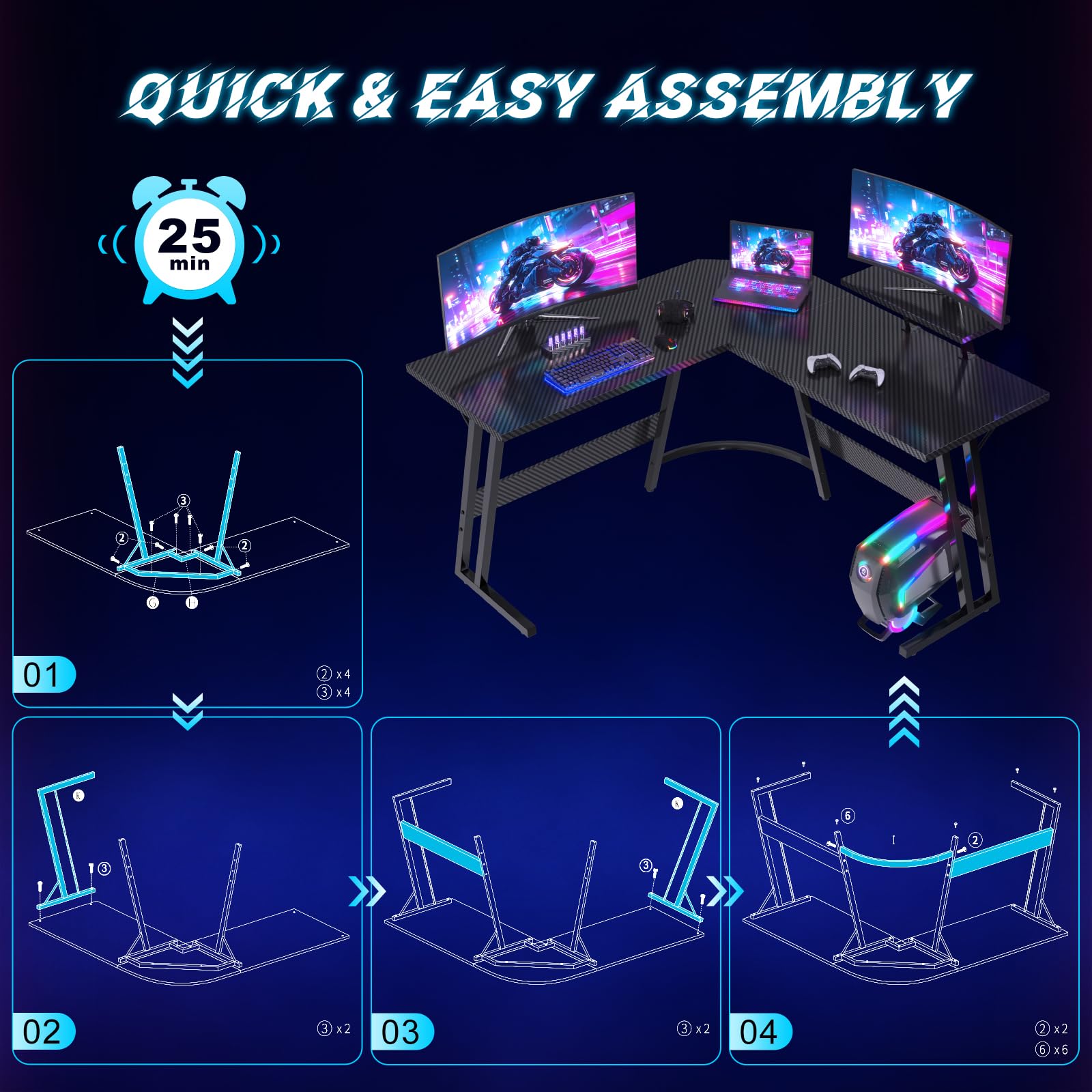 JUMMICO L Shaped Gaming Desk with Large Monitor Stand,120x120x75cm Corner Desk for Home Office Study Writing Workstation, Carbon Fibre Black