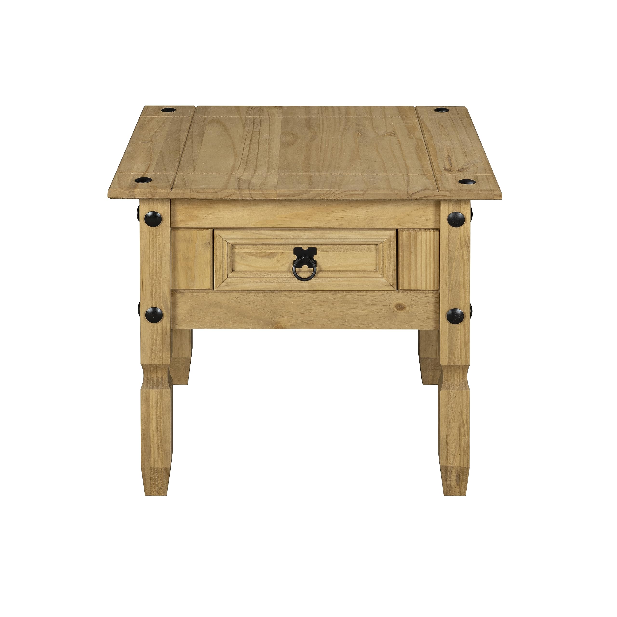 Corona 1 Drawer Lamp Table Mexican Solid Pine with Black Metal Hardware Waxed Finish W 58cm x D 58cm x H 52cm