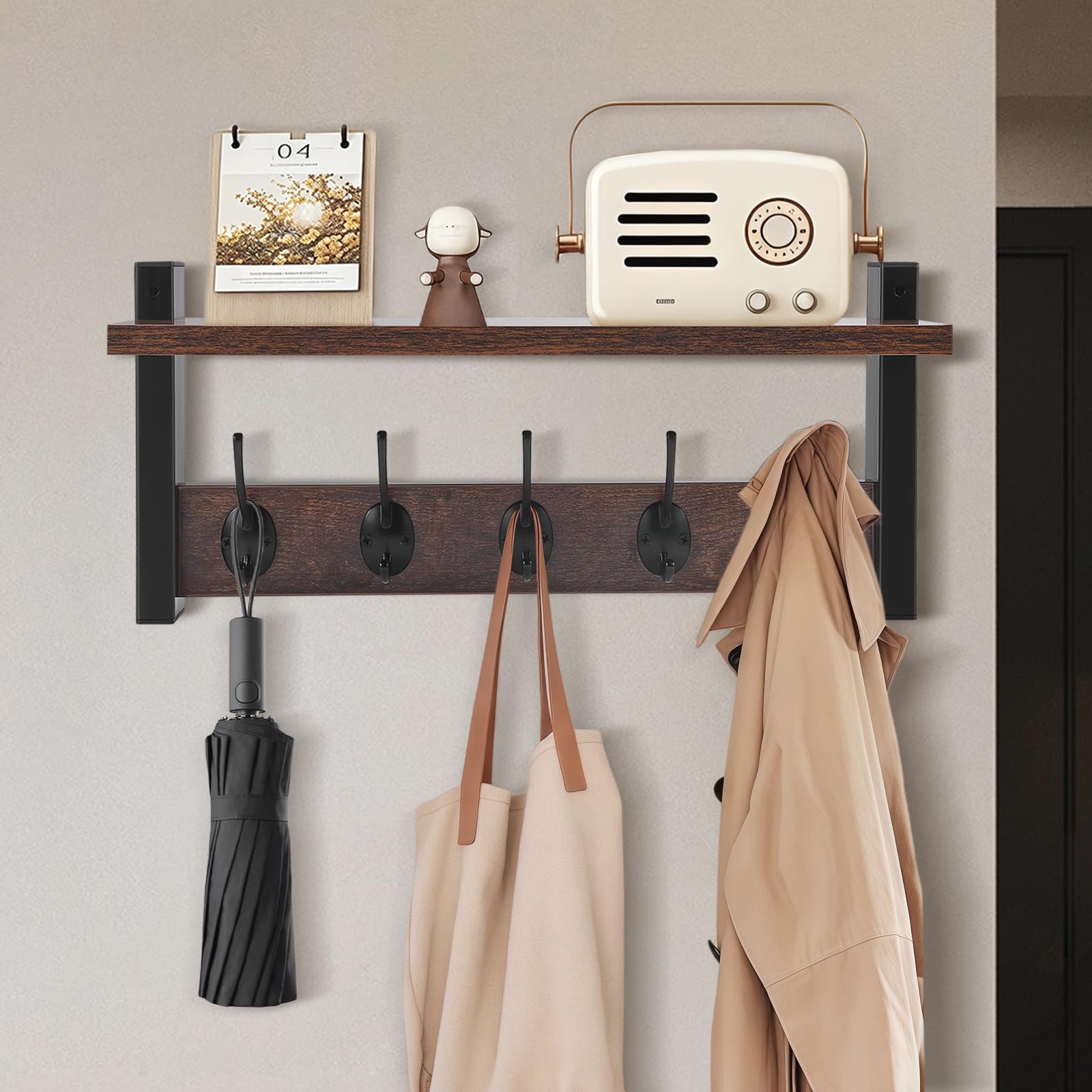 Dumenix Coat Rack Wall Mounted - Coat Hooks Wall Mounted with 5 Coat Hooks Removable Floating Shelf for Kitchen, Bedroom, Bathroom, Rustic Brown