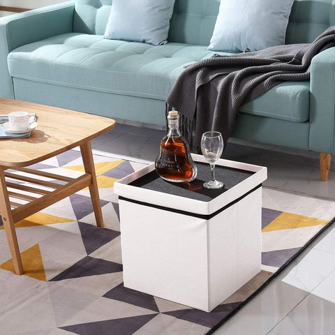 BRIAN & DANY Folding Ottoman Storage Box with Lid, Faux Leather Footstool Toy Storage Box Storage Seat 38 x 38 x 38 cm (White)