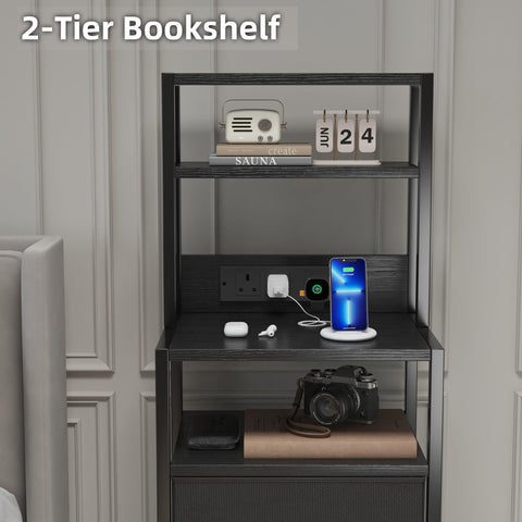 MUTUN Bedside Table with Charging Station and LED Light Strips, Nightstand with Drawers, Bedside Cabinet for Living Room, Bed Side Table for Bedroom