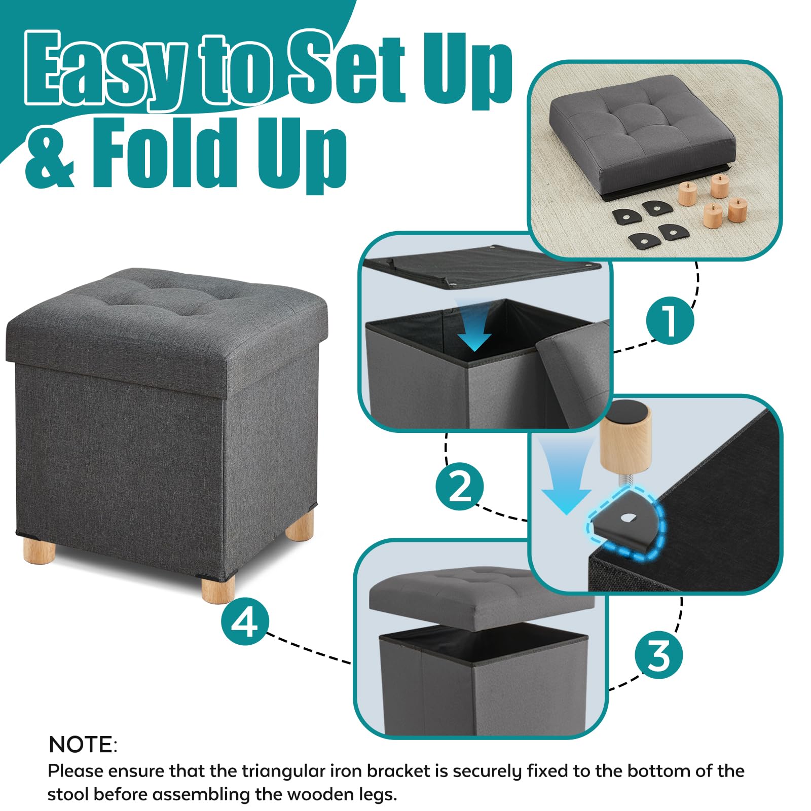 BRIAN & DANY Folding Ottoman Storage Box with Wood Legs, Linen Foot Stool, Footstool with Storage, Highly Elastic Sponge Filling, Gray