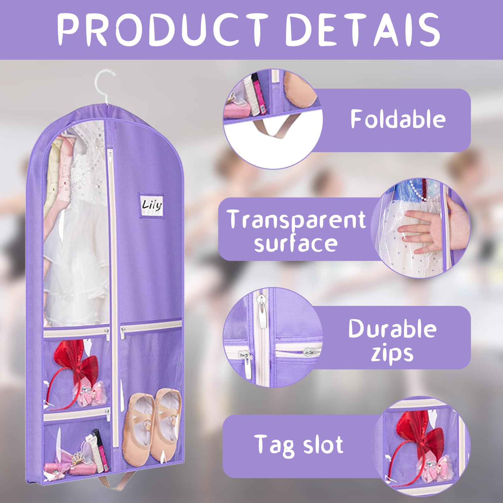40 inch Dance Costume Bag, Costume Bags for Dancers, Dress Bags with 5 Zipper Pockets