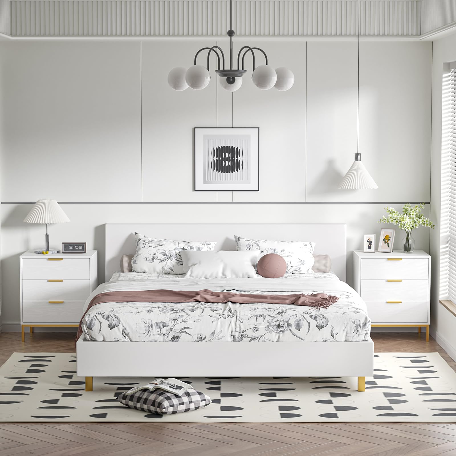 Skokliz Bedside Table with 3 Drawers, White Nigntstand for Bedroom, Wood Fluted End Table for Living Room, Small spaces