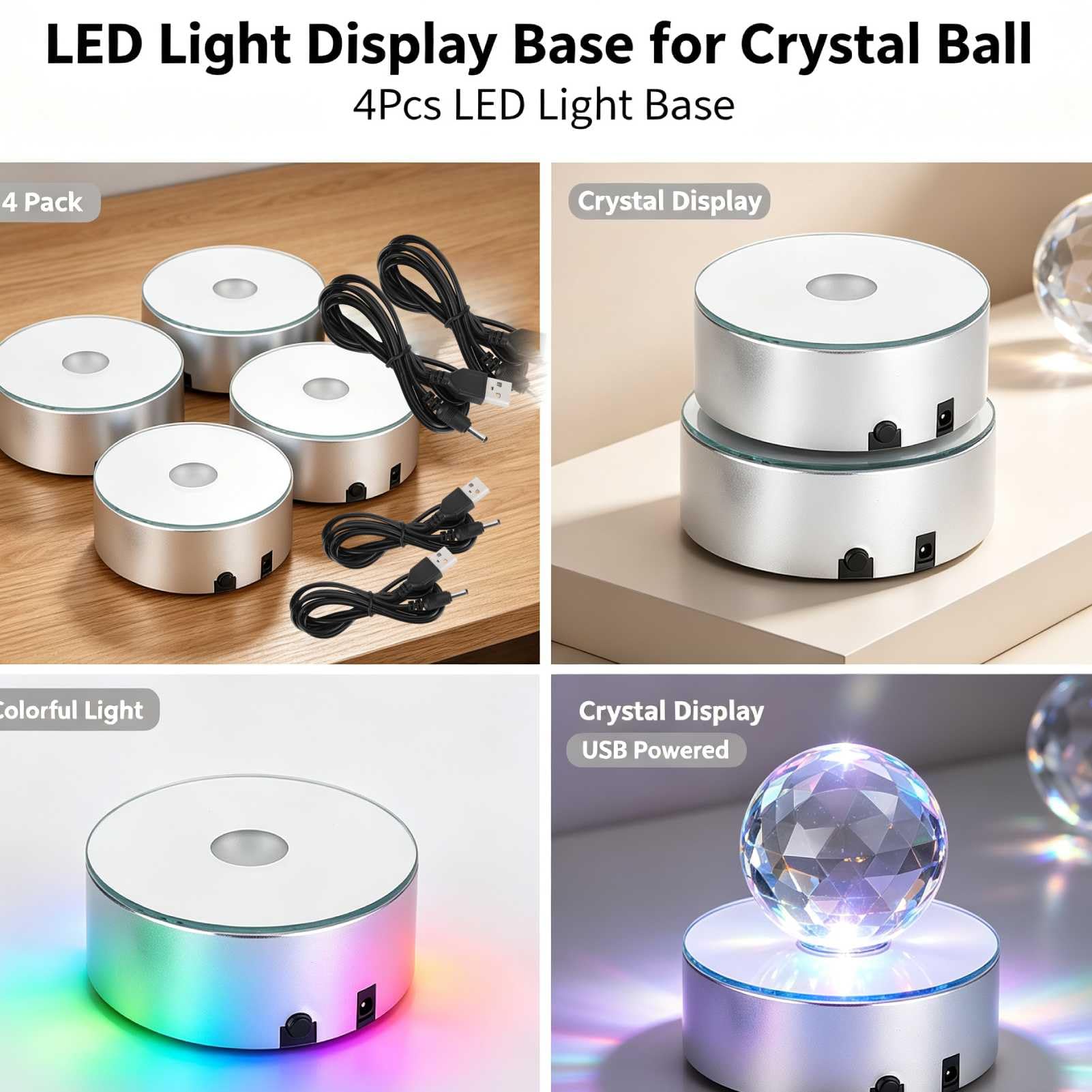 HERCHR LED Light Display Base for Crystal Ball 4Pcs LED Light Base 3×1.2in Color Changing Glass Arts Lighted Show Lighted Display Stand for Glass Art