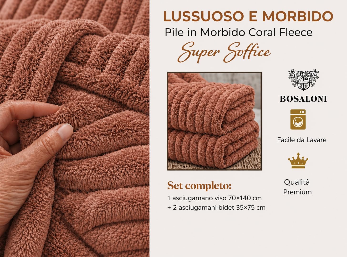 B O S A L O N I Coral Fleece Bath Towel Set 3 Piece Striped - Ribbed Effect - 1 Bath Sheet 70 x 140 cm + 2 Hand Towels 34 x 74 cm