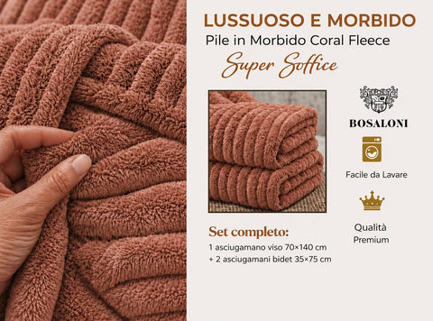 B O S A L O N I Coral Fleece Bath Towel Set 3 Piece Striped - Ribbed Effect - 1 Bath Sheet 70 x 140 cm + 2 Hand Towels 34 x 74 cm