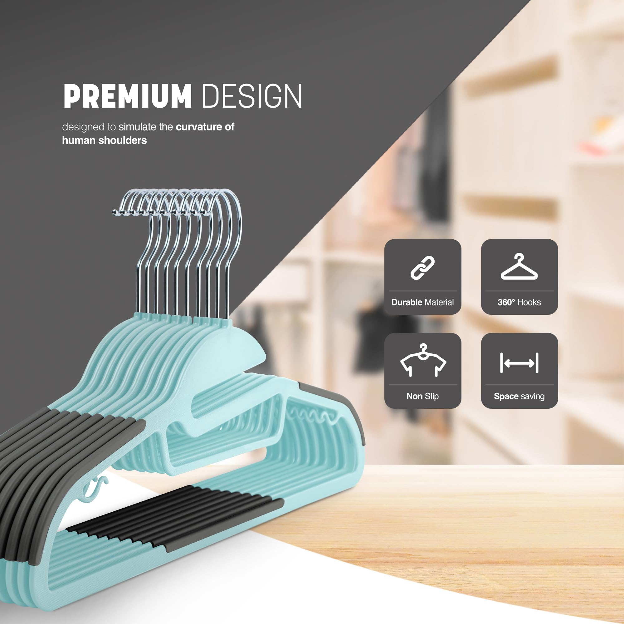 KEPLIN 20-Pack Non-Slip Hangers – Durable, Slimline Design for Space Saving with 360° Swivel, Tie Organiser, Strap Hooks, and S-Shape Opening (Teal)