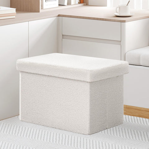 Bonlife Boucle Ottoman Seat with Storage,Folding Small Footstool for Living Room,Cube Toy Chest Box,Foot Rest,Cream,42x32x32cm