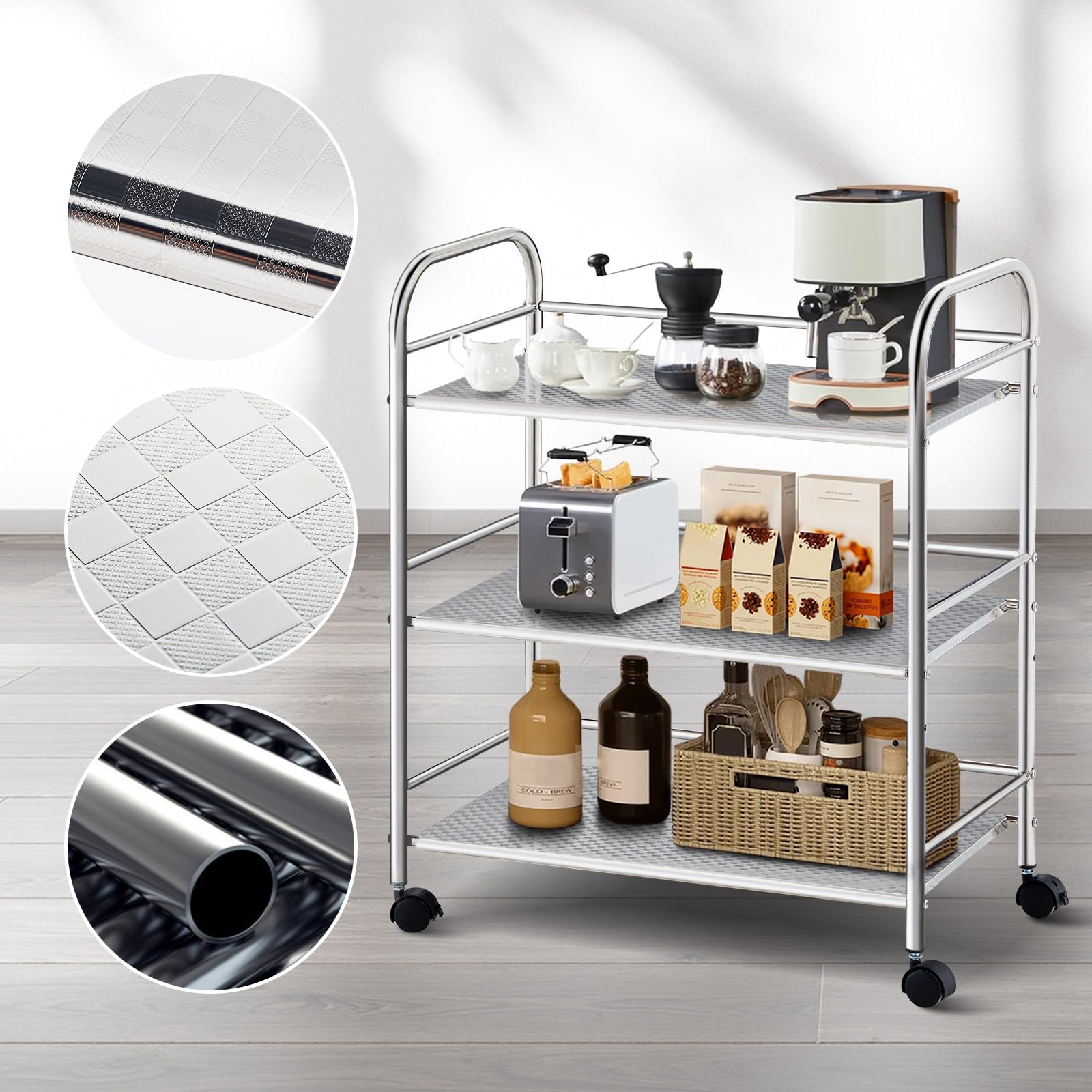 TUKAILAi 3 Tier Stainless Steel Utility Cart with Locking Wheels 35x60x75cm