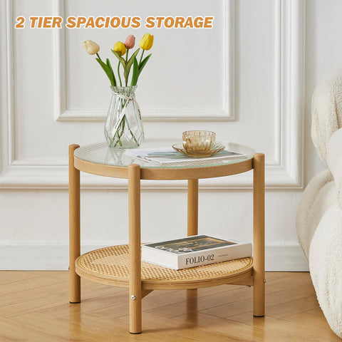 COSVALVE Boho Rattan Coffee Table Small Round, Glass Metal Side Table