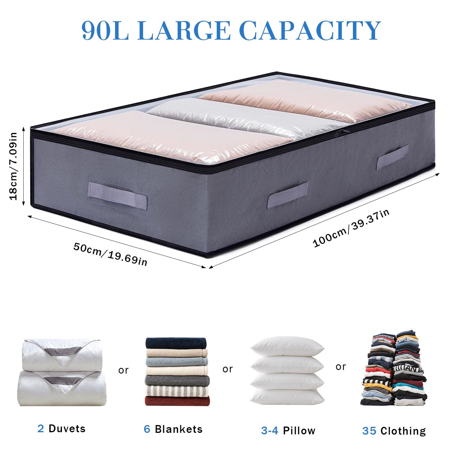 JAECU 2pcs 90L Under Bed Storage Bags Foldable Clothing Storage Containers