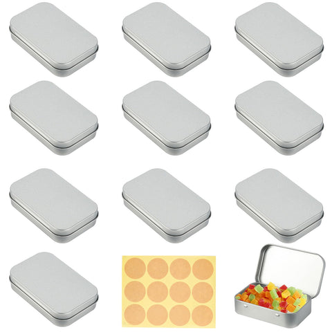 RVLZKCPG Pack of 10 Silver Rectangular Metal Tins with Lid, Portable, Water Resistant, Industrial Style Storage Box, 9.5 x 6 x 2.1 cm