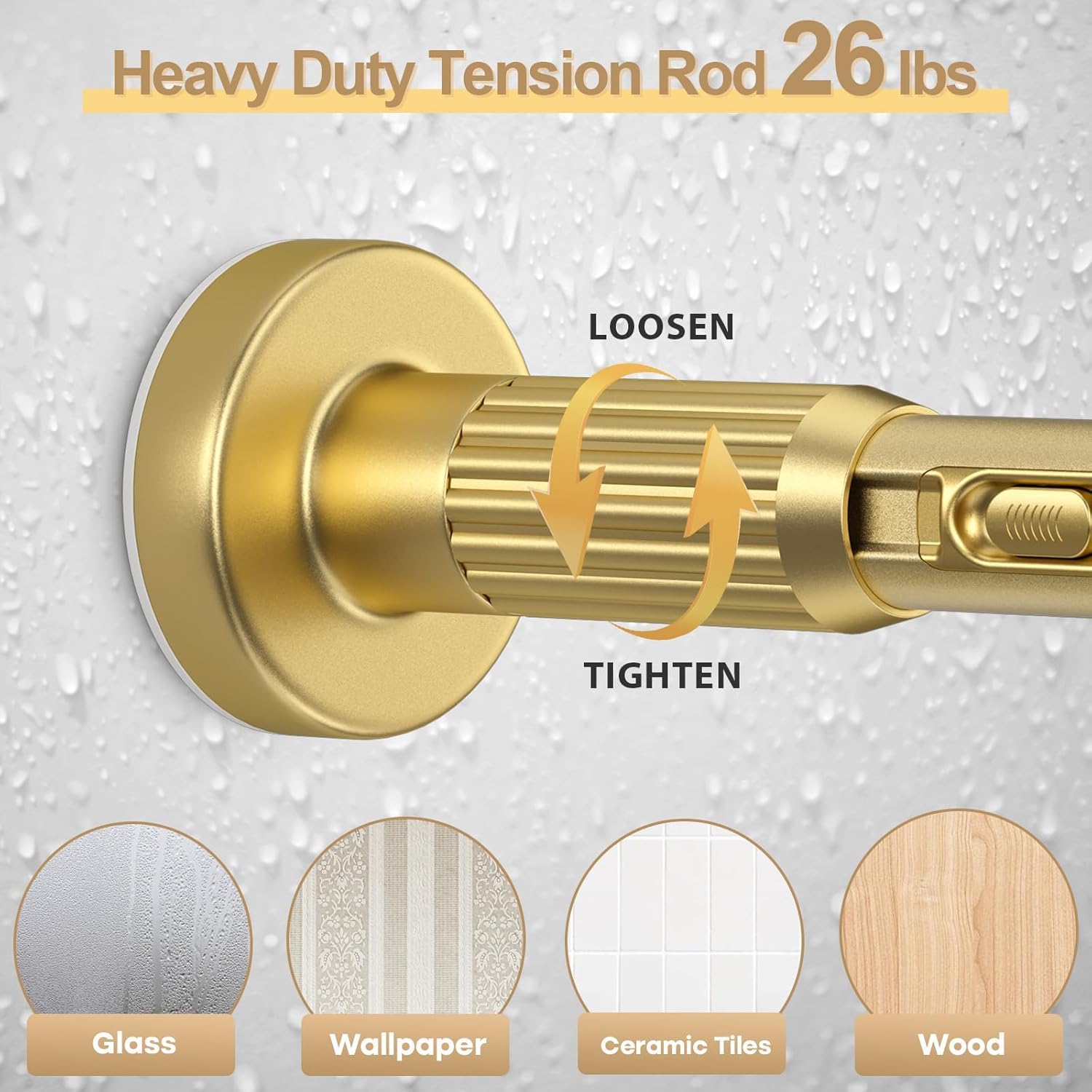 ZipGlo Extendable Shower Curtain Pole 104-262cm Gold Tension Curtain Rod
