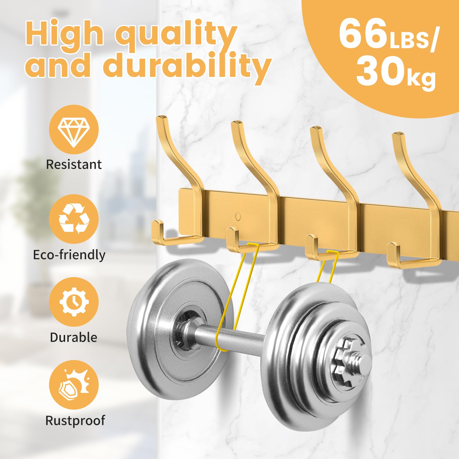 MEIJO Coat Hooks Wall Mounted Stainless Steel, Gold Coat Rack Wall Mounted with 6 Hooks Heavy Duty Coat Hooks for Door, Bathroom, Bedroom, Kitchen