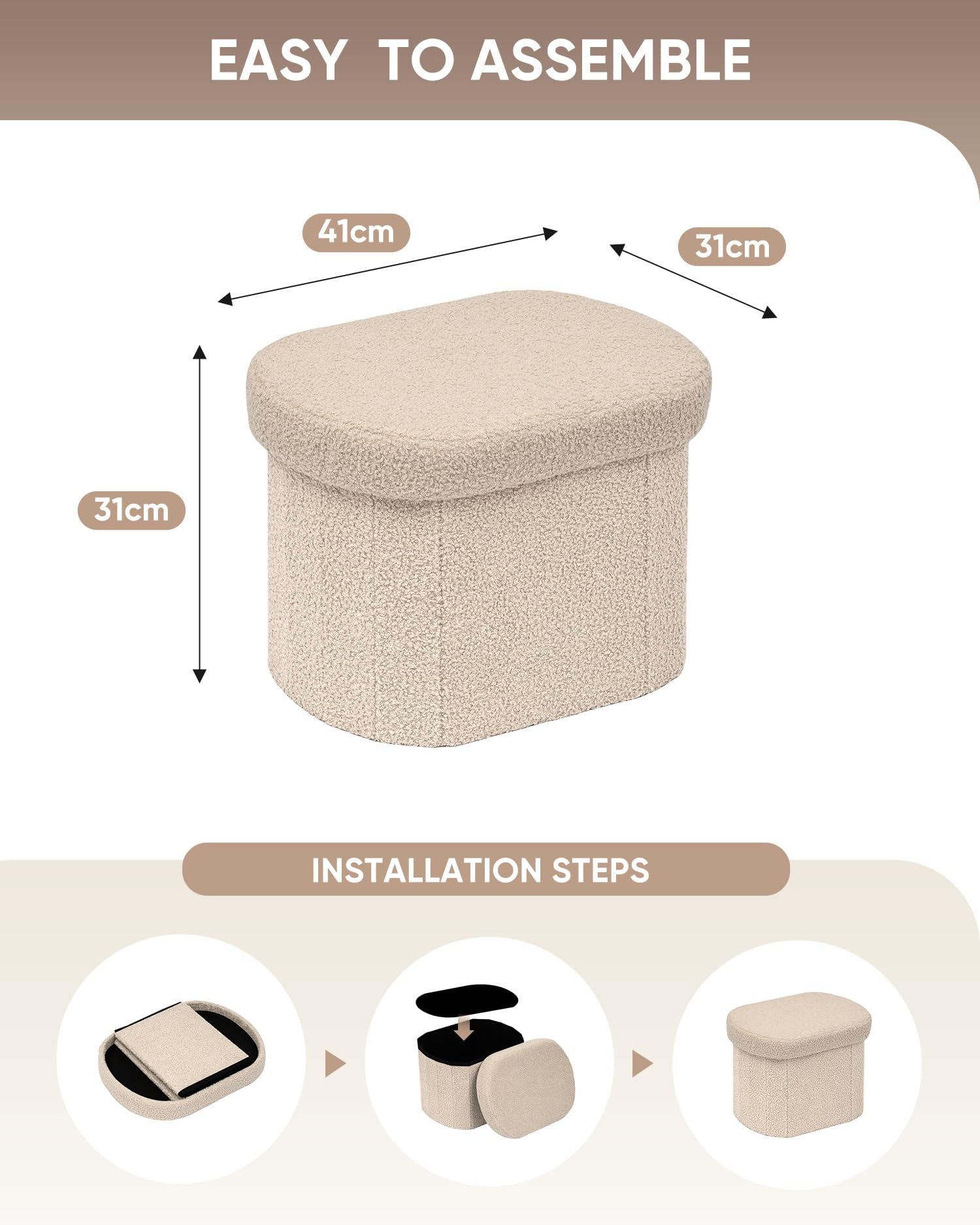 Bonlife Small Ottoman Storage Stool, Folding Boucle Footstool with Lid,41cm