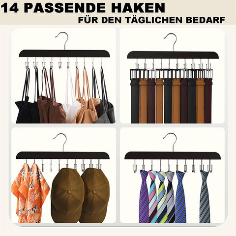 Tie Belt Rack, 1 Pack Belt Storage 360° Rotating Wooden Tie Holder Belt Hanger with 14 Hooks Hanger Hooks for Scarves, Ties, Belts, Wardrobe Organiser
