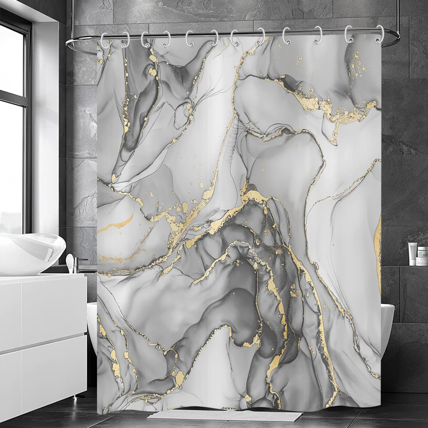 Hnmdmyi Marble Shower Curtain 90x180, Grey Gold Abstract Marble Bathroom Curtains Luxury Modern Aesthetic Art Ink Texture Waterproof Polyester Fabric