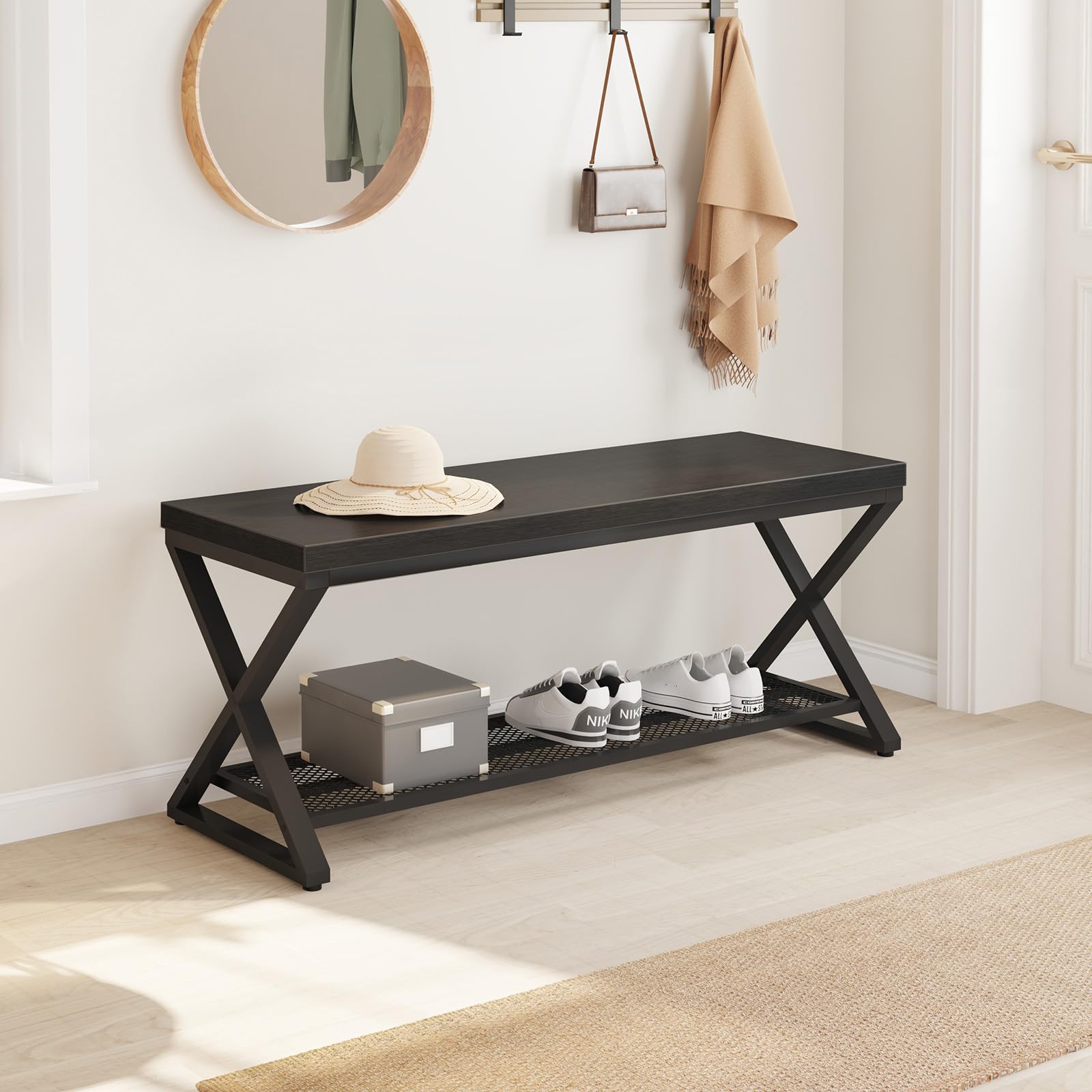 LVB Black Entryway Bench with Storage, Indoor Shoe Bench with Seating for Hallway, Accent Storage Bench for Living Room Bedroom