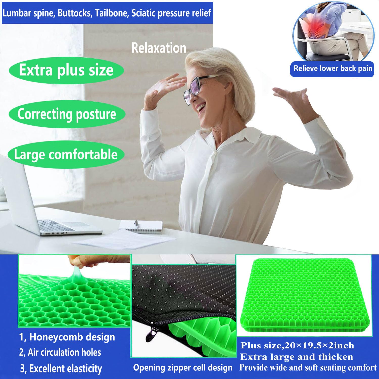 Plus Size Gel Seat Cushion, 50×50×4cm, Large and Thick Supportive Seat Cushion for Pressure Relief for Buttock, Sciatica, Tailbone Pain