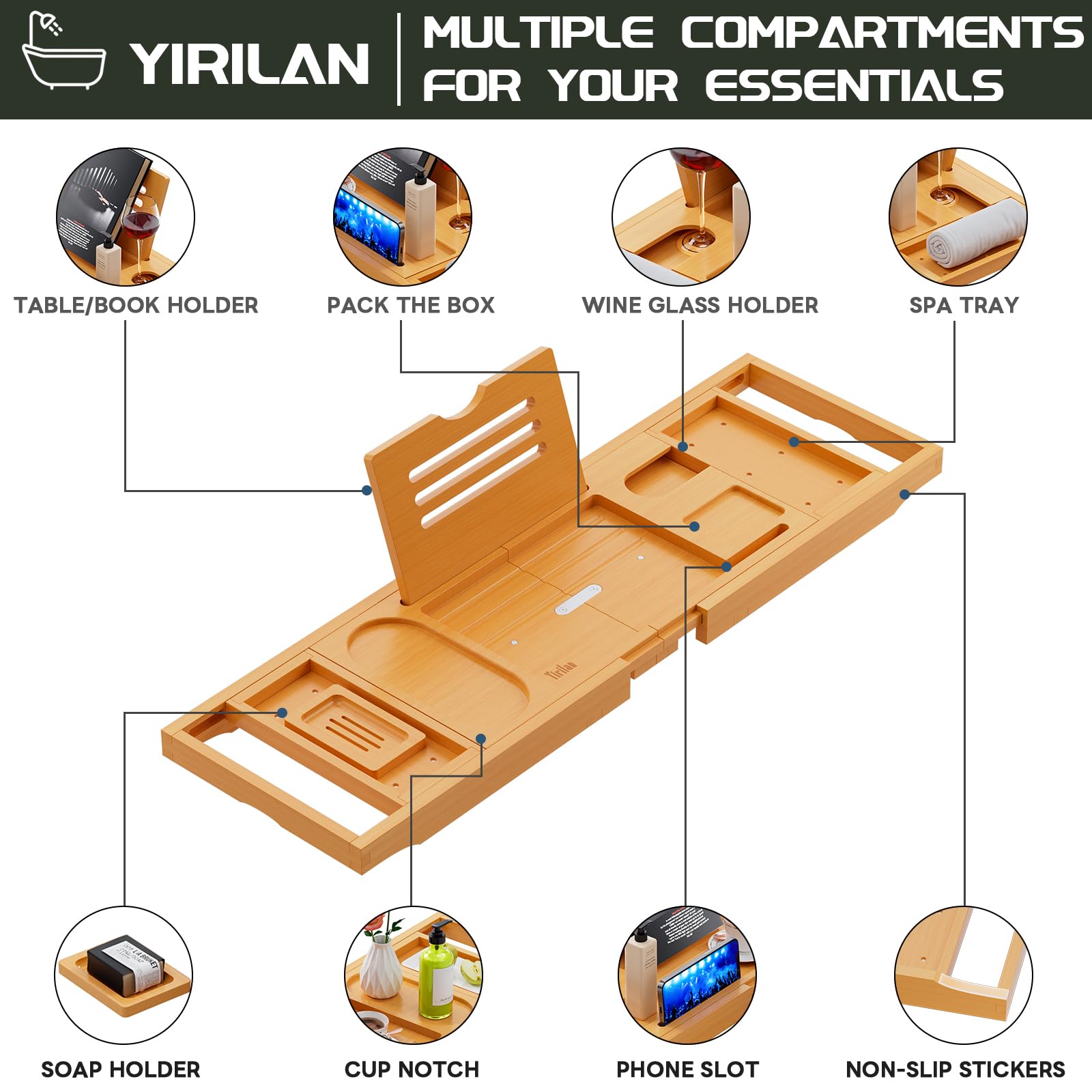 Yirilan Premium Bathtub Tray Caddy, Expandable Bath Tray