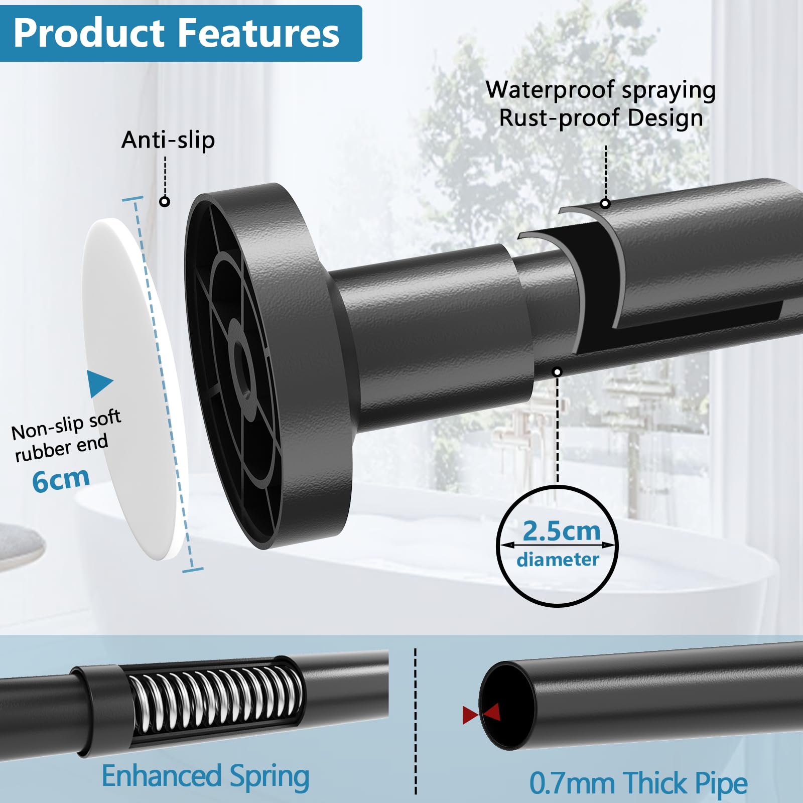 WELDUN Extendable Shower Curtain Tension Rod 48-118CM No Drill Rod