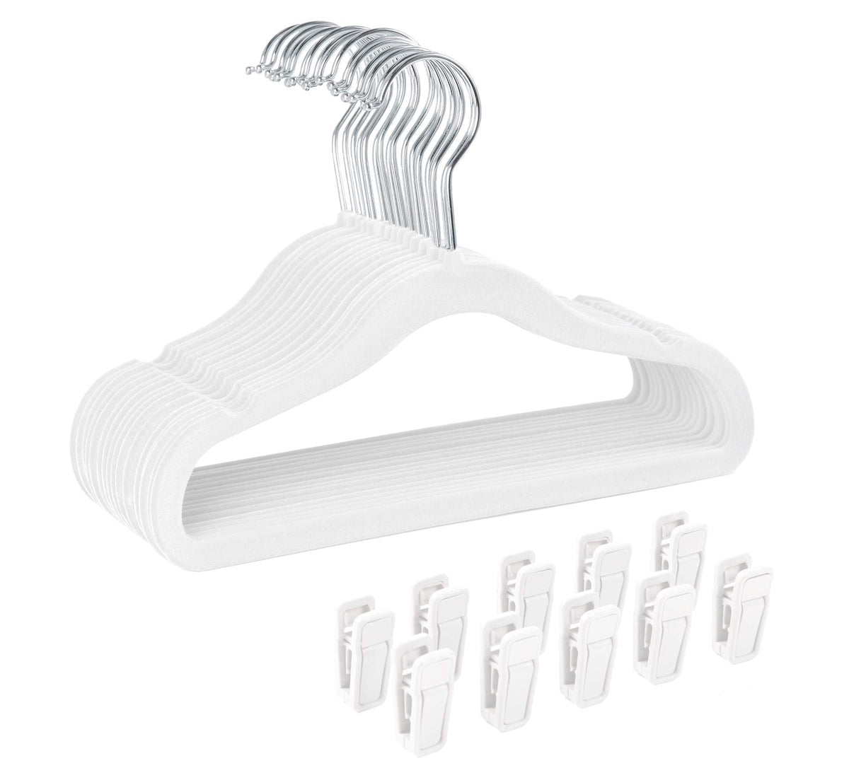 Finnhomy Non-Slip Clothes Hangers for Baby and Kids 30-Pack Velvet Hangers with 10 Finger Clips, White