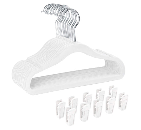 Finnhomy Non-Slip Clothes Hangers for Baby and Kids 30-Pack Velvet Hangers with 10 Finger Clips, White
