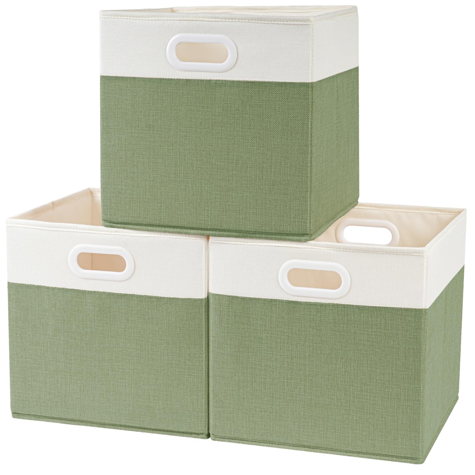 SOCOHOME Fabric Cube Storage Boxes,33x38x33cm Foldable Storage Baskets for Shelf Nursery Closet(Green/White, Set of 3)