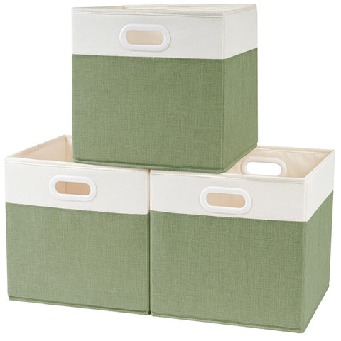 SOCOHOME Fabric Cube Storage Boxes,33x33x33cm Foldable Storage Baskets for Shelf Nursery Closet(Green/White, Set of 3)