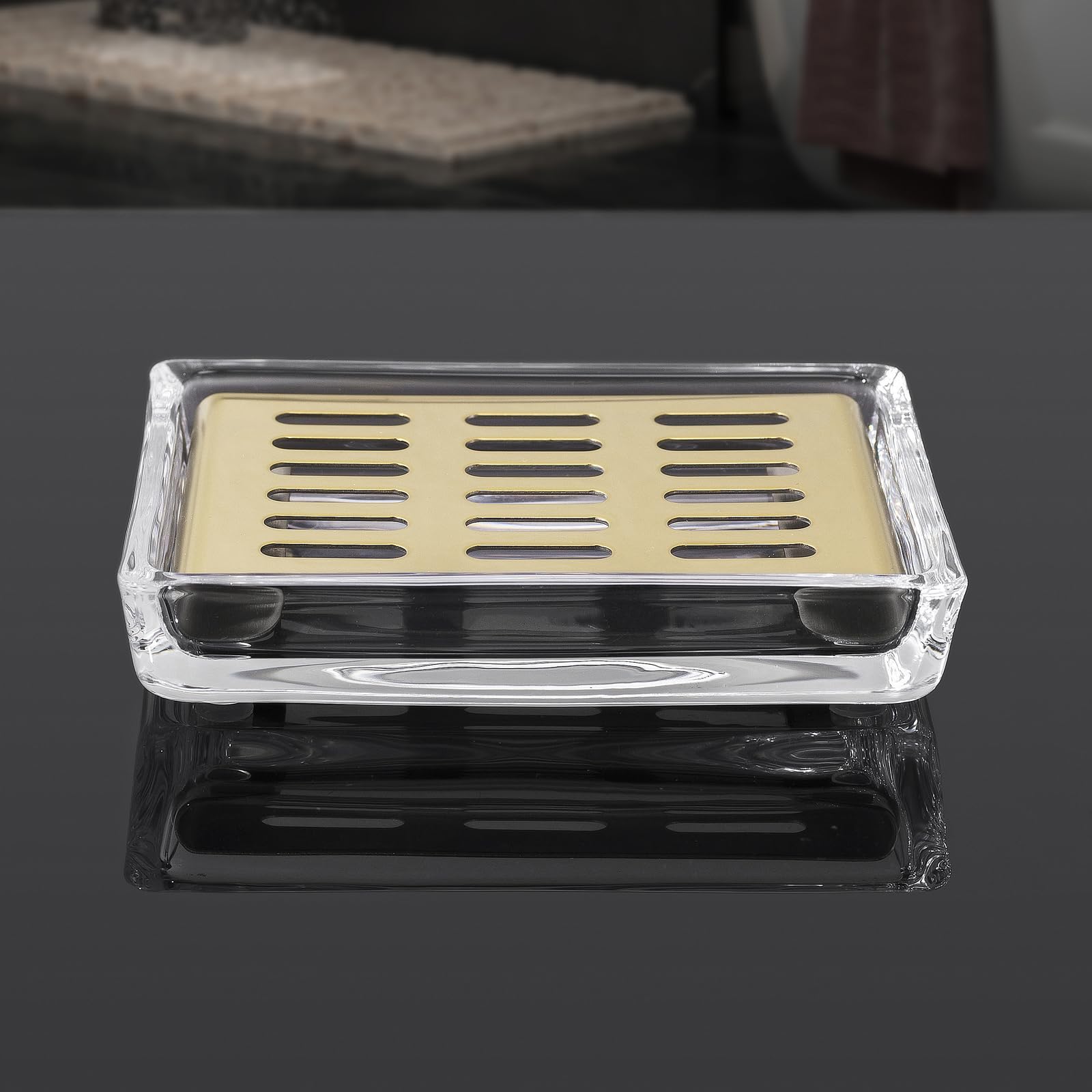 Glass Soap Dish (11.3 x 8.5 x 2.4cm) Stainless Steel Soap Holder for Bathroom and Shower Double Layer Draining Soap Box (Gold tray)