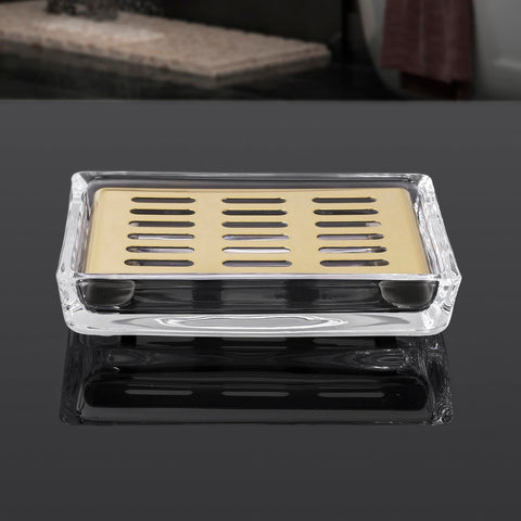 Glass Soap Dish (11.3 x 8.5 x 2.4cm) Stainless Steel Soap Holder for Bathroom and Shower Double Layer Draining Soap Box (Gold tray)
