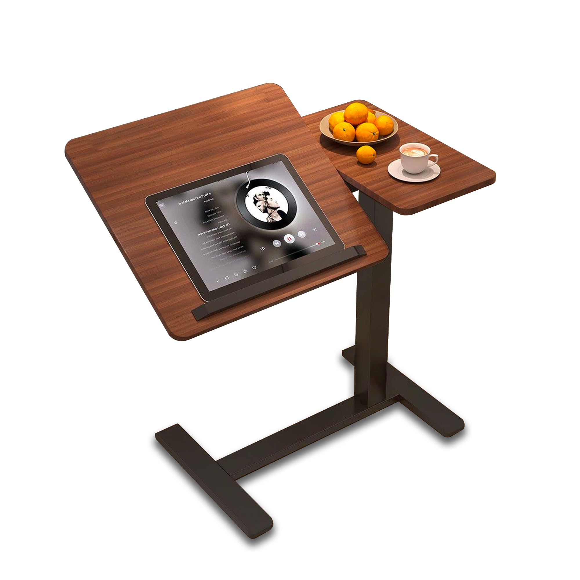 YunMeoCool C Shaped Side Table Adjustable Height with Hidden Wheels, Dual Pneumatic Lift & Tilt Top, (60x40cm) Mobile Overbed Table That Slide Under