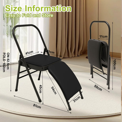 YUZINO Folding Chair Yoga Auxiliary Chair, PU Leather Padded Seat with Waist Support & Metal Steel Frame