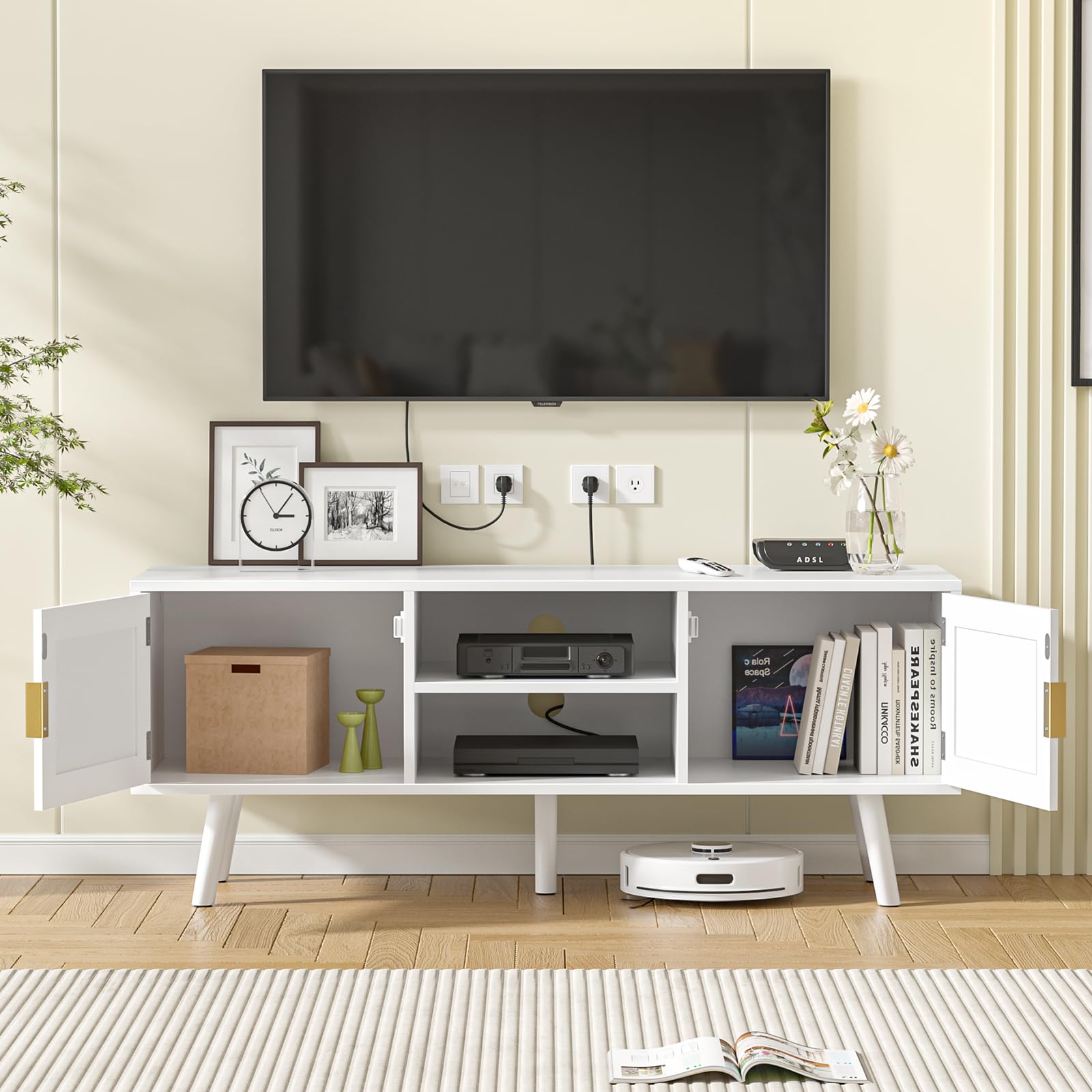 Skokliz TV Unit, 120cm TV Stand Cabinet for TVs up to 55inch, Rattan TV Table with 2 Doors and 2 Open Shelves, Boho Media TV Cabinet for Living Room