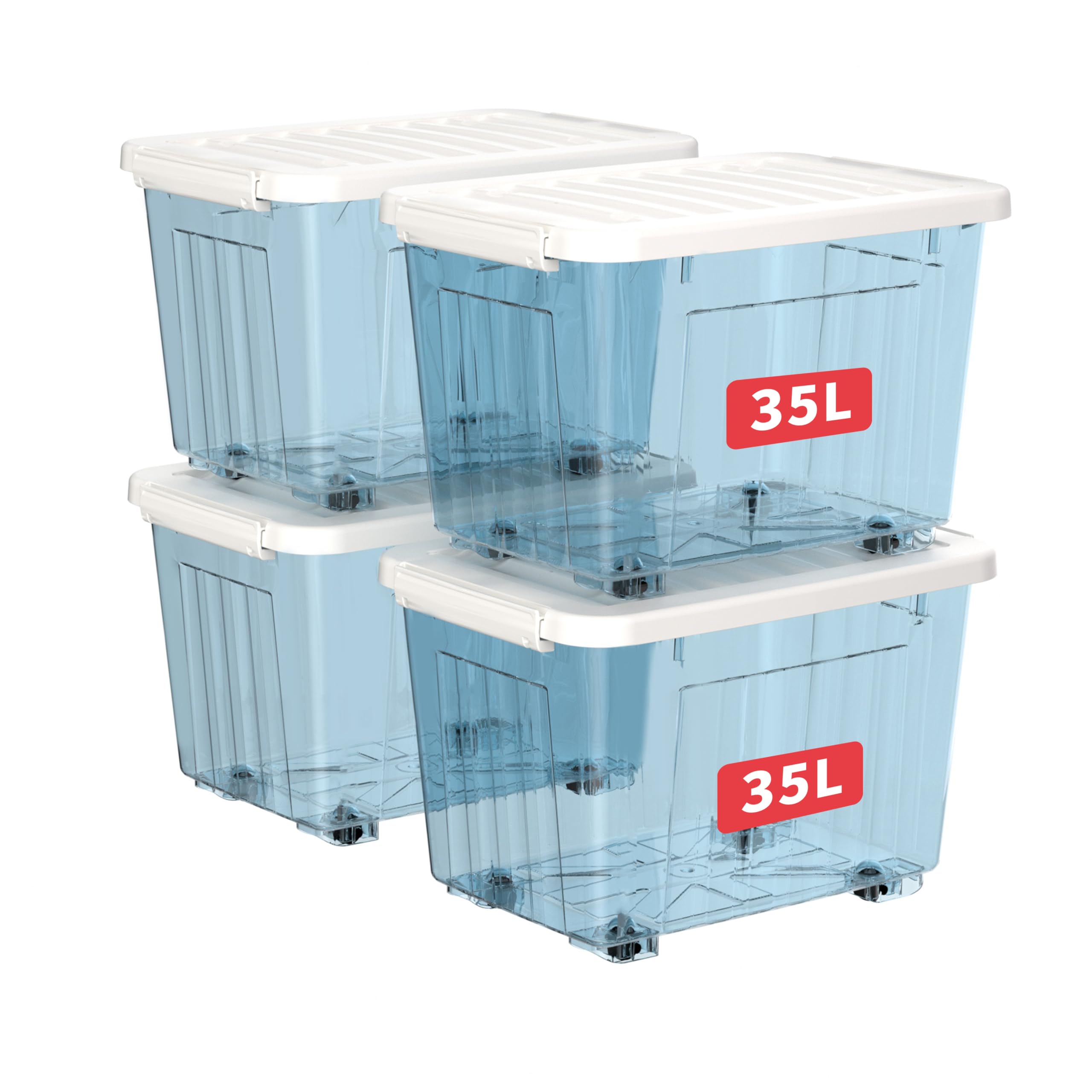 Cetomo 35L*4 Plastic Storage Boxes with Wheels, Lidded Storage Box with Secure Side Latches, PP Nestable and Stackable Clear Organizer for Home
