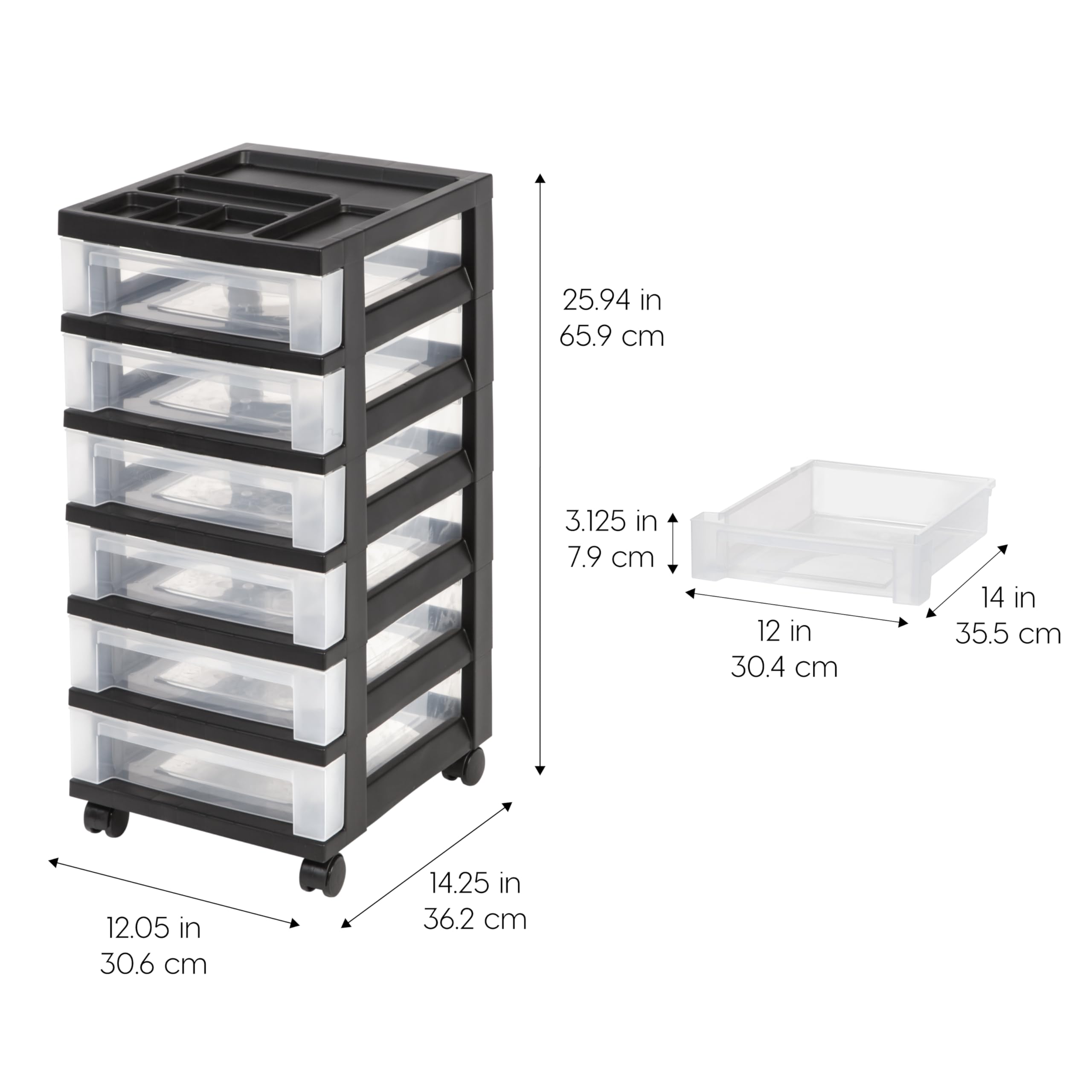 IRIS Plastic Storage, Rolling Cart with Organizer Top, Black, 6 Drawer