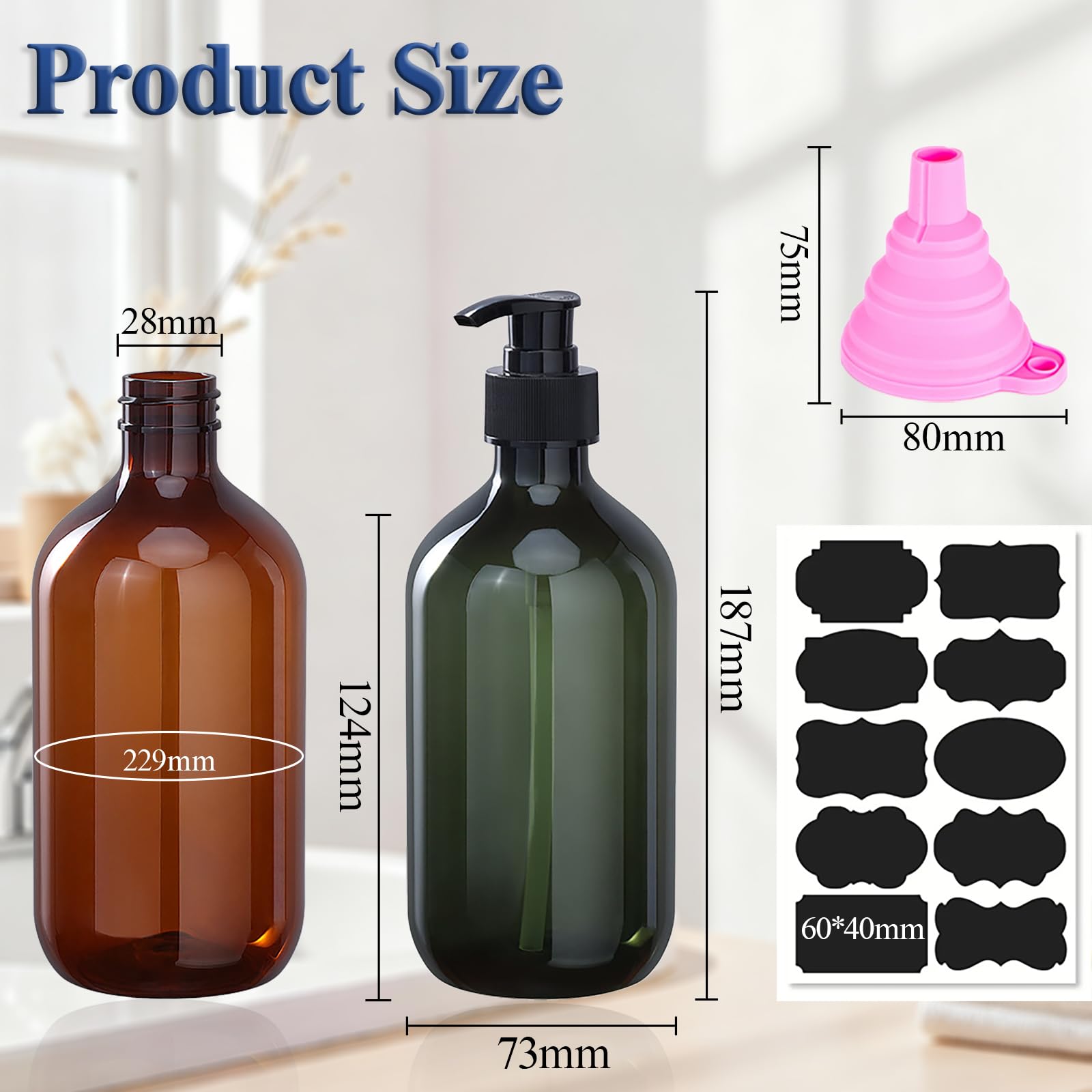 2 Pack Plastic Soap Dispenser with Pump, 500ml/17oz Refillable Pump Bottle Dispenser for Kitchen, Bathroom, Liquid Soap, Hand Soap, Dish Soap