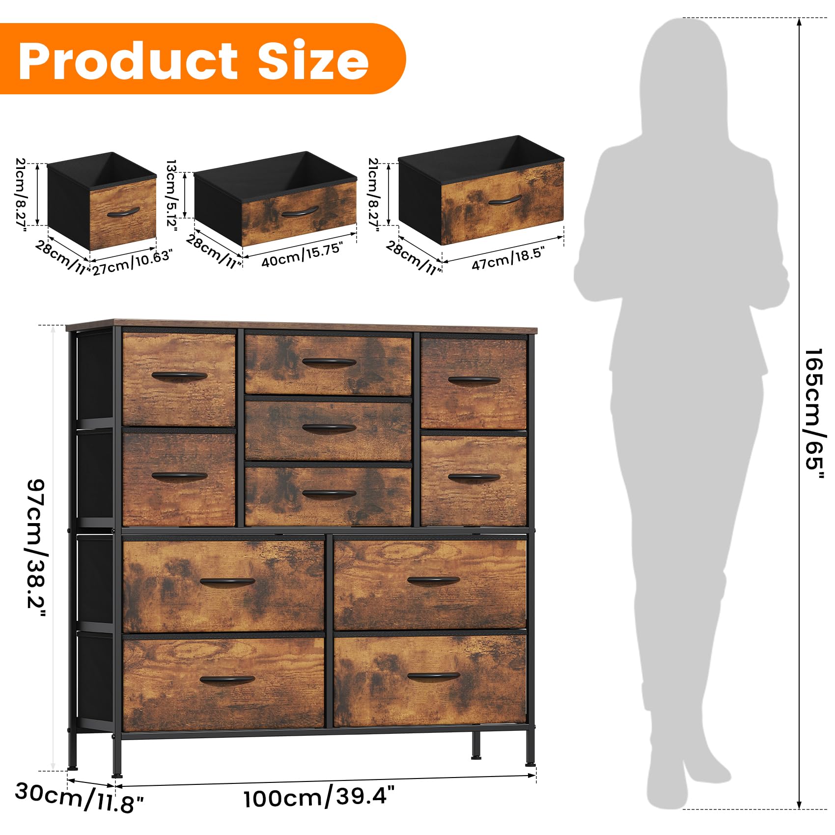 Feonase Chest of Drawers, Bedroom Tall Dresser with 11 Fabric Drawers, Metal Frame & MDF Wood Top, Adjustable Feet