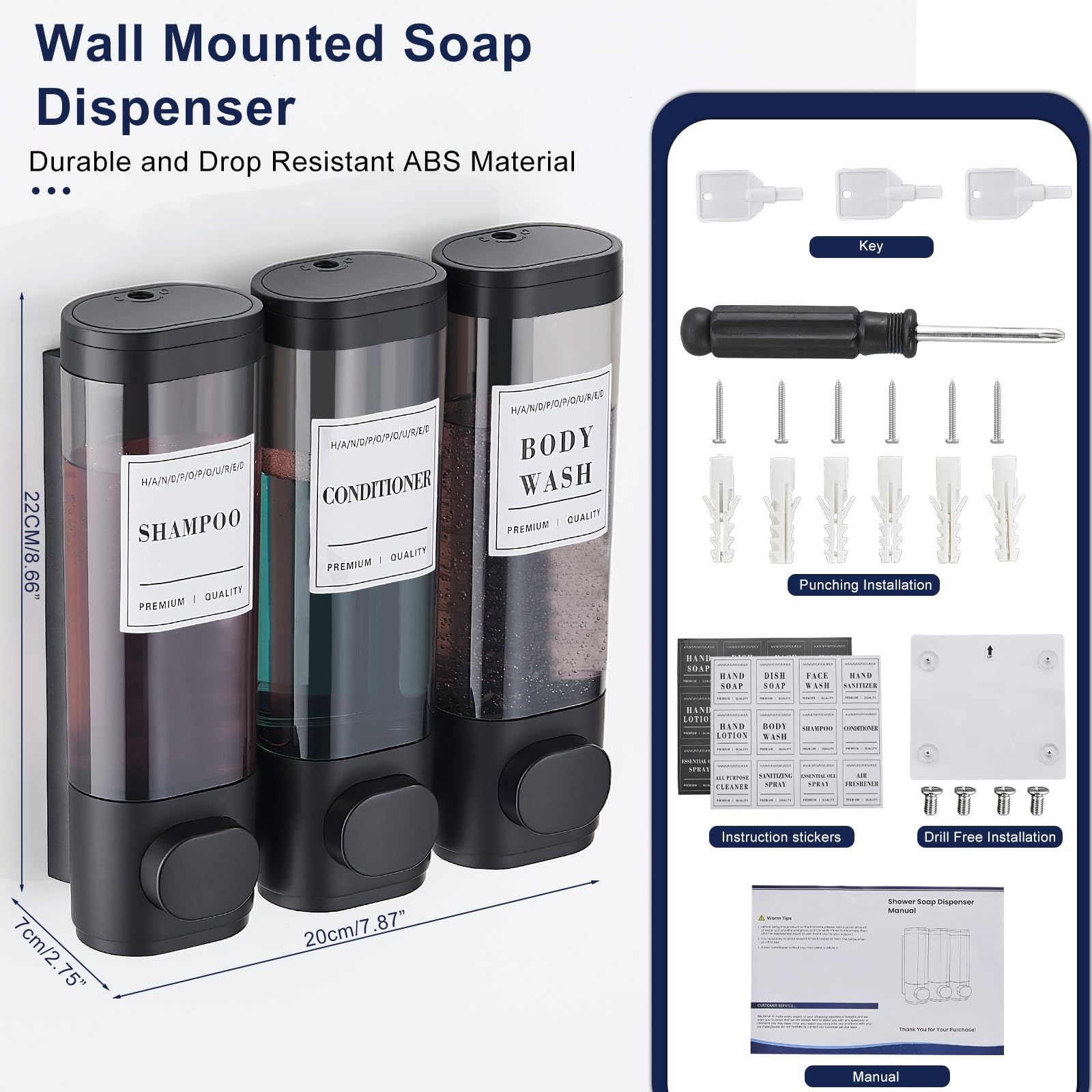 KSITEX Shower Soap Dispenser Wall Mounted No Drill Shampoo and Conditioner Dispenser for Shower With Large Capacity Hand Soap Dispenser for Bathroom