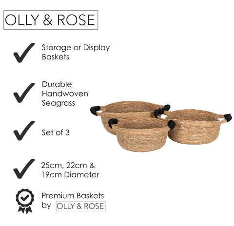 Olly & Rose Set 3 Natural Seagrass Storage Baskets with Black Handles - Durable 25,22,19cm Premium Home Decor