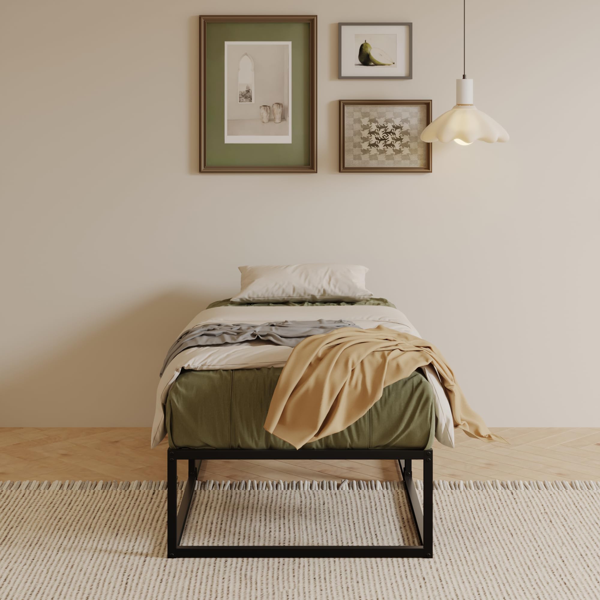 EMODA Small Single Bed Frame 36cm High with Steel Slats Support, Black
